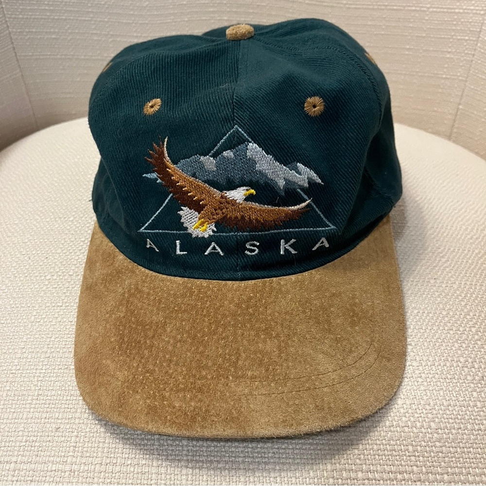 VINTAGE Alaska Hat Mens Green Brown Strap Back Cap Suede Visor Outdoor Adult